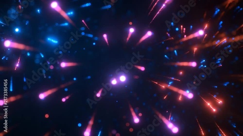 Seamless loop animation of neon fireworks spark shards on black festive backdrop, chromatic particles drifting with high brightness