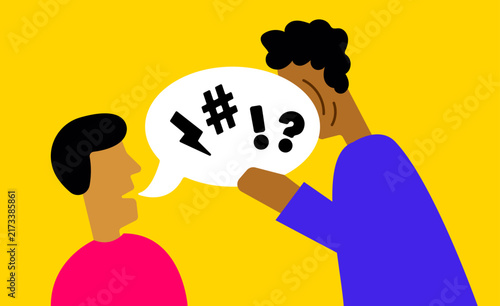 Foto An illustration of an angry man's speech bubble pushing another man's face