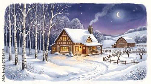 Cozy Snow covered Farmhouse at Night with Crescent Moon
