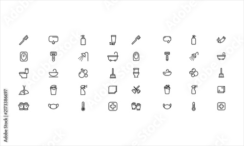 Set outline icons related to hygiene. Linear icon collection. Vector illustration. Editable stroke
