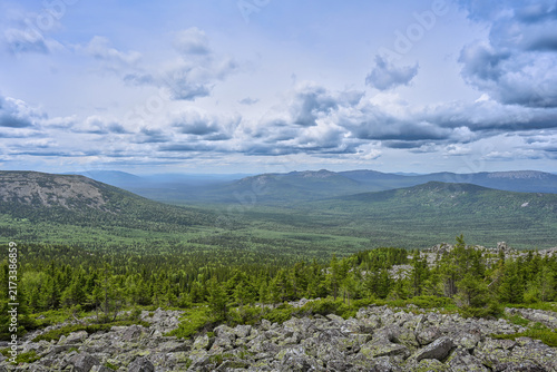 Canvas Print View of the endless Ural taiga from the top of Mount Bolshoy Nurgush, Chelyabins
