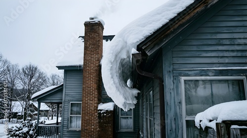 Heavy Snow Overhang on House Roof and Chimney After Winter Storm