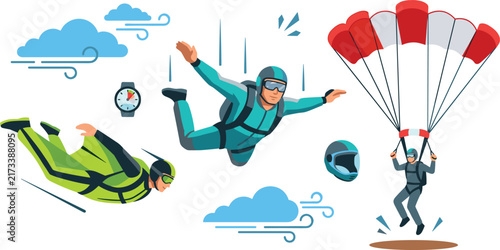 Bild auf Leinwand Skydiving Extreme Sport Vector Character Set Featuring Skydiver Freefalling Flyi
