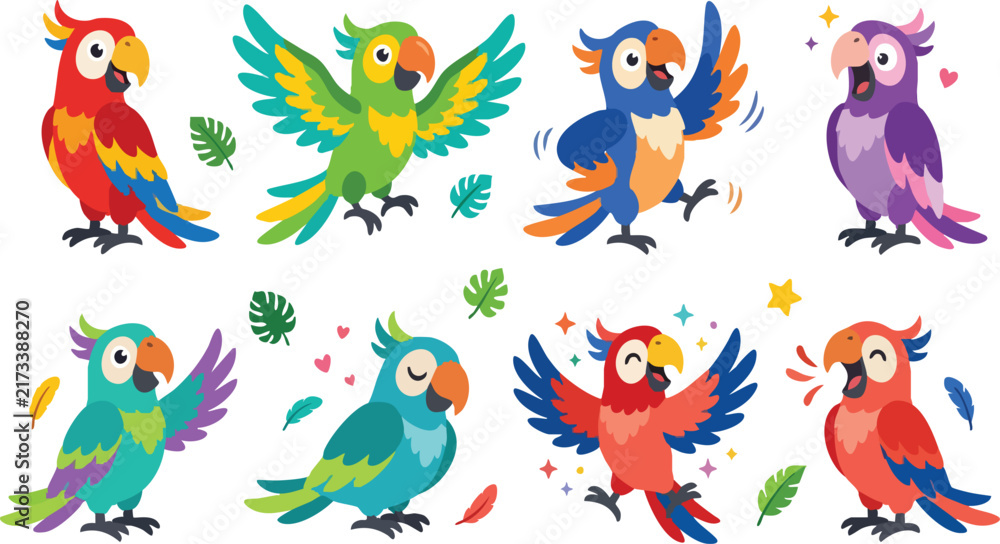 Naklejka premium Colorful Funny Cartoon Parrots Collection Flat Vector Illustration