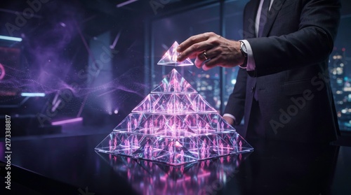 Building a Digital Empire: A businessman in a suit meticulously places a holographic pyramid segment, symbolizing growth and strategy in the digital age. The futuristic setup glows with purple light.