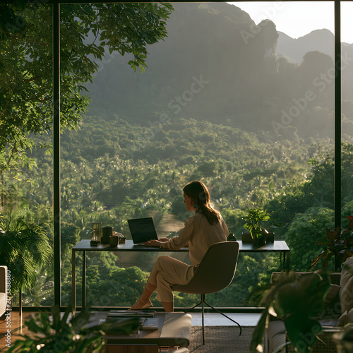 Serene Workspace in Modern Cabin Overlooking Lush Jungle and Mountain Landscape