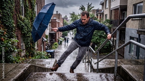 A man struggles to maintain his balance while climbing wet outdoor stairs during a heavy rainstorm with a windblown blue umbrella held tight