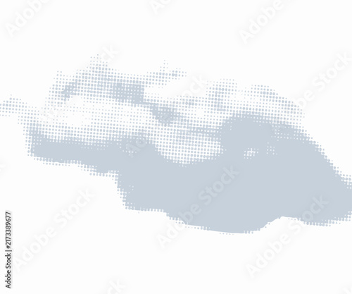 An abstract image resembling a cloud or plume of blue-gray smoke, featuring an arrangement of halftone dots that vary in size and density.