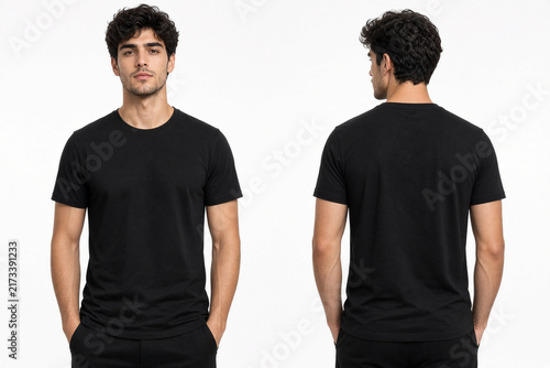 uomo t-shirt nera pubblicità davanti e dietro 