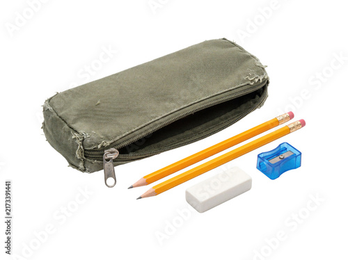 Worn pencil case with school stationery supplies