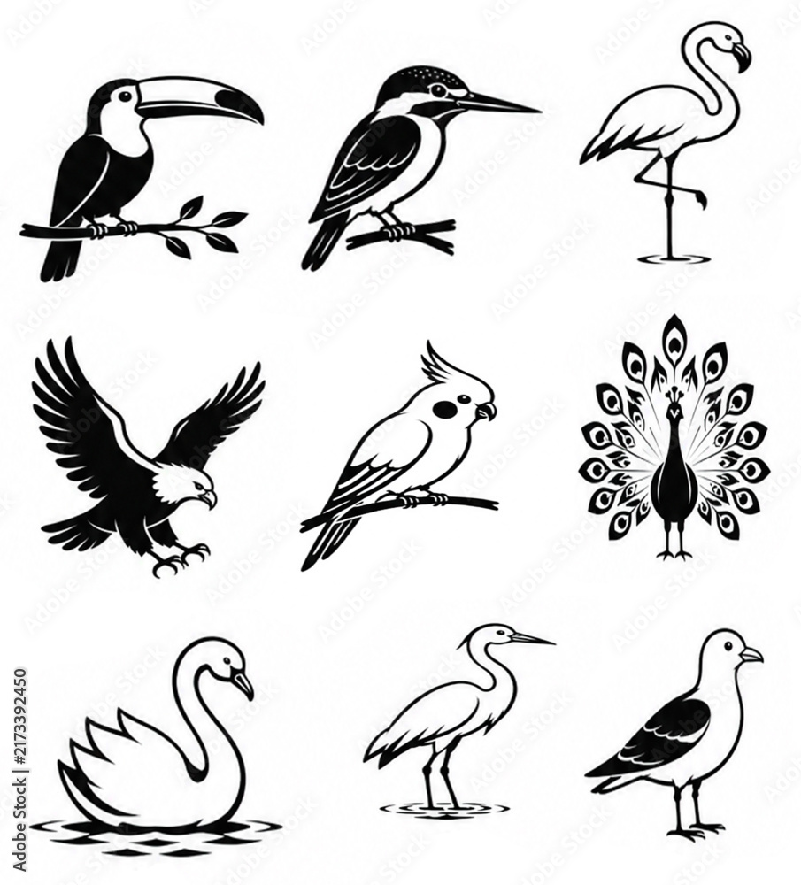 Naklejka premium Black and White Bird Vector Icon Collection with Toucan, Kingfisher, Flamingo, Eagle and Peacock