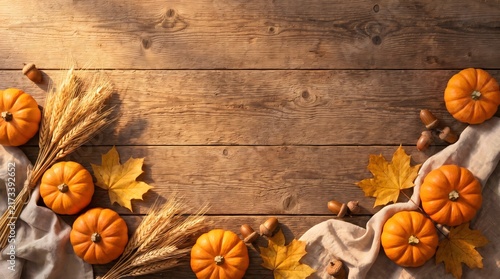 Rustic autumn background with small pumpkins wheat stalks and fall leaves on a weathered wooden table surface