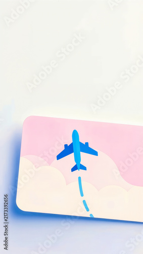 Illustration of airplane flying over a pink travel ticket. Copy space