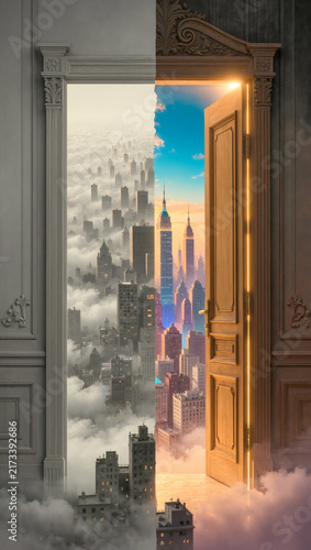 Illustration of ornate door dividing gray and colorful cityscapes