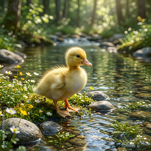 Young duckling standing near water in nature
