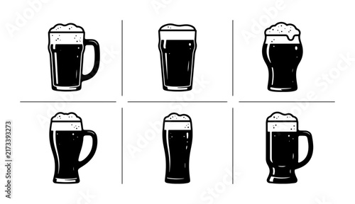 Canvas Print Dark Beer Glasses Collection, Six Styles of Stout and Porter Pints, Craft Bevera
