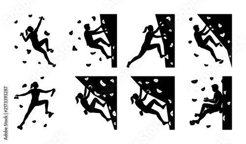 Bild auf Leinwand Rock Climbing Silhouettes Set, Bouldering Action Poses, Indoor Climbing Wall Gra
