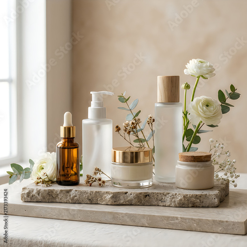 Natural skincare products with green plants on windowsill
