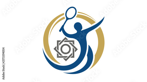 Abstract badminton athlete emblem with a dynamic swoosh and geometric star ornament logo