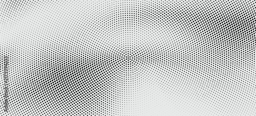 bstract black and white halftone wave pattern, thousands of circular black dots, varying dot sizes,
