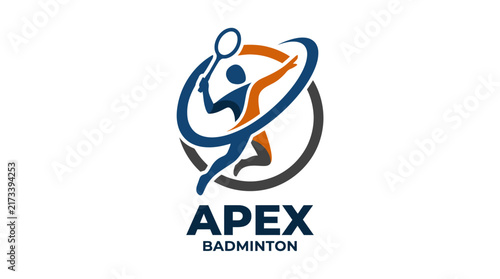 Dynamic Professional Badminton Player Jumping for a Smash Strike Logo Design Featuring a Circular Motion Graphic Element for Competitive Sports Clubs