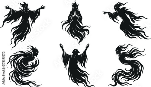Photography Spooky floating ghost spirits collection with tattered robes for Halloween holid
