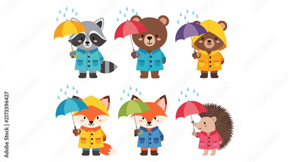 Fototapeta premium Cute Forest Animals in Raincoats with Umbrellas