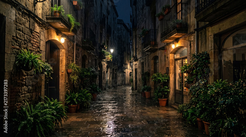 Moody dark rainy night in narrow old urban alleyway with wet cobblestone pavement reflecting warm glowing wall lamps, old residential buildings with balconies, 
