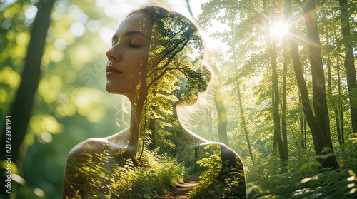 Woman profile superimposed with forest path, sunlit trees. Represents harmony with nature, growth, inner peace. Woman dreams, breathes fresh air, feeling natural beauty, tranquility. Eco theme.