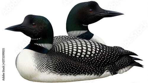 Two common loons with black and white plumage rest near water. Their heads show red eyes and sharp beaks. Birds have spotted feathers and striped necks, common North American wildlife.
