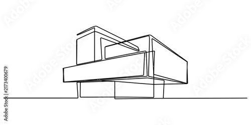 Minimalist continuous line drawing of modern villa architecture showing abstract cubic concrete residential building exterior on white background.