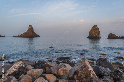 View of the Cyclopean Isles in Acitrezza, Catania, Sicily, Italy, Europe