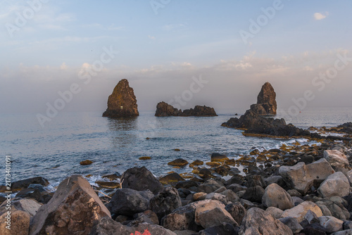 View of the Cyclopean Isles in Acitrezza, Catania, Sicily, Italy, Europe