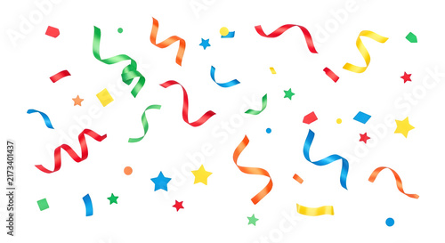 Festive colorful party streamers and confetti pieces isolated on a clean transparent background for celebration designs