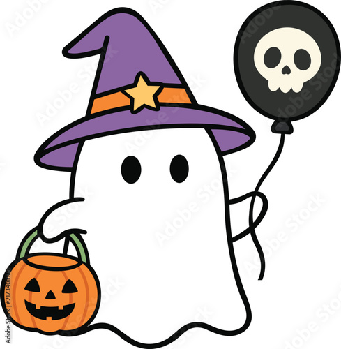 Cute cartoon Halloween ghost wearing a purple witch hat, holding a jack-o-lantern pumpkin bucket and a skull balloon. Whimsical spooky character illustration on a white background.