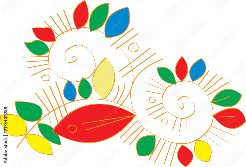 Fototapeta premium Traditional Bengali Rickshaw Art Floral Fish Motif Vector Illustration