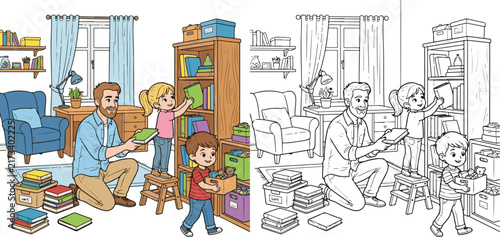 two children helping their father organize books and toys onto shelve.educational line art Illustration print cartoon vector clipart and hand drawn coloring book for kids.