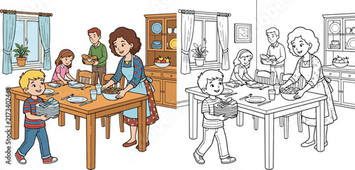 boy helping mother set the dining table at home educational line art Illustration print cartoon vector clipart and hand drawn coloring book for kids.