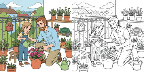 girl watering plants with father educational line art Illustration print cartoon vector clipart and hand drawn coloring book for kids.