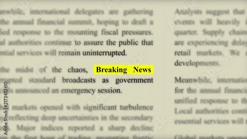 Macro shot focusing on highlighted breaking news text on a printed newspaper