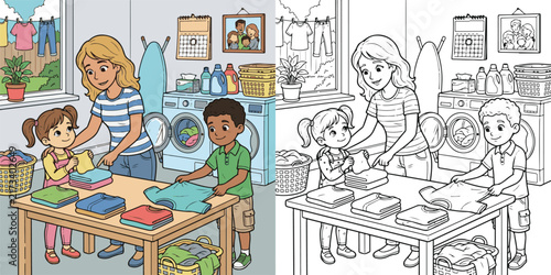 siblings helping mother fold clean laundry at home educational line art Illustration print cartoon vector clipart and hand drawn coloring book for kids.