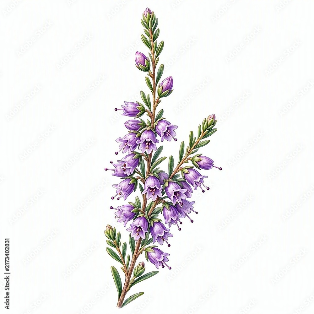 Obraz premium Intricate purple heather sprig exhibits tiny bell shaped blossoms and needle like evergreen leaves for moorland or highland scenery. Calluna vulgaris botanical drawing with many small violet flowers.