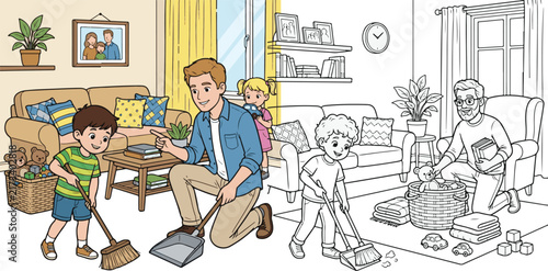 boy helping father sweep the floor at home educational line art Illustration print cartoon vector clipart and hand drawn coloring book for kids.