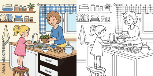 child helping mother wash vegetable in the kitchen educational line art Illustration print cartoon vector clipart and hand drawn coloring book for kids.