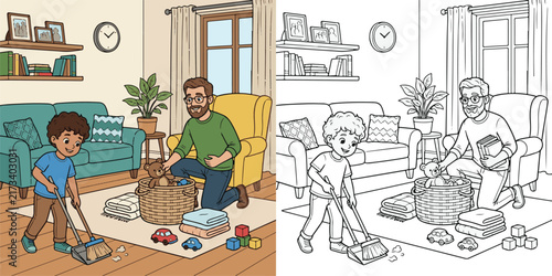 boy helping father sweep the floor at home educational line art Illustration print cartoon vector clipart and hand drawn coloring book for kids.