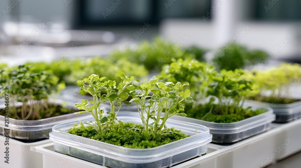 Naklejka premium Rows of small green plants growing in clear plastic containers on a white surface with soft background lighting