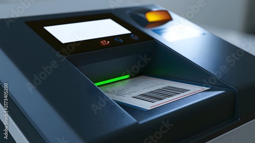 Obraz na płótnie Modern automated document scanner with illuminated barcode reader and digital display for official processing tasks