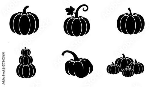 Bild auf Leinwand 70 Black Pumpkin Icons Set, Autumn Harvest Vector Graphics, Fall Seasonal Symbol