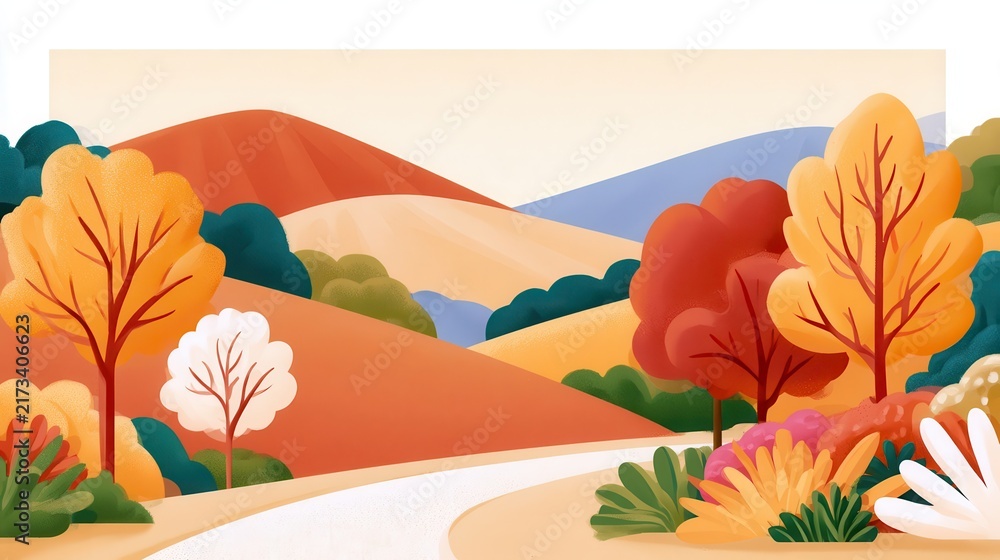 Obraz premium Autumn landscape flat vector illustration with colorful trees and layered rolling hills