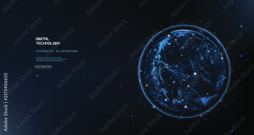 Naklejka premium Digital technology concept background featuring glowing blue earth globe with orbital network nodes and data connections for futuristic communication connectivity or scientific research.